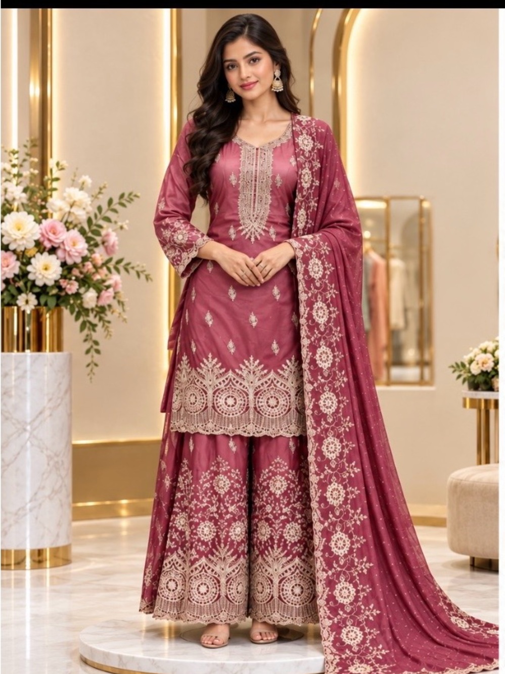 Elegant Rose-Mauve Ombré Embroidered Women's Indian Outfit Set